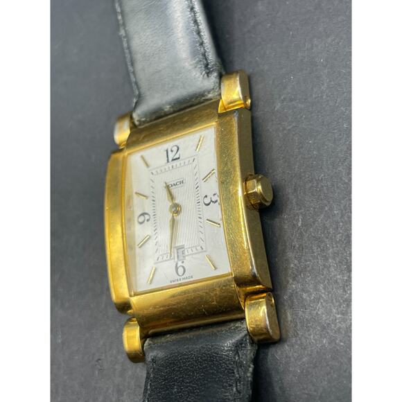 Coach Tank Watch Dress Watch W515 Gold Tone Black Leather Band 25mm - Picture 2 of 11